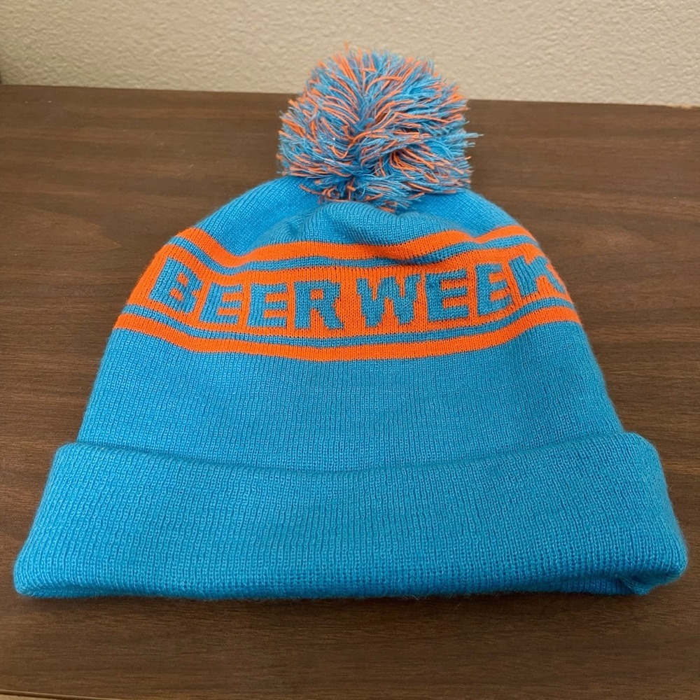 Folsom Beer Week Knitโ Pom Beanie Hat Novelty Blue Orange Fold Over